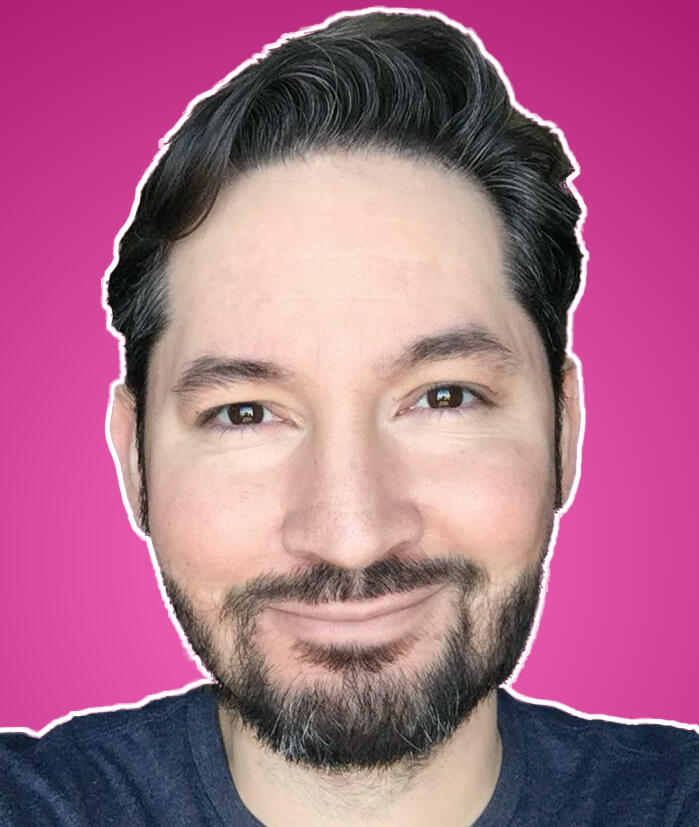 Matt headshot, pink background, half asian/ half native american man, 40.